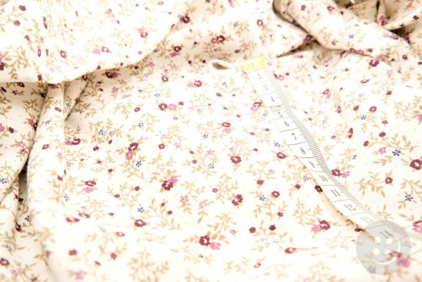Cotton canvas - burgundy flowers on a cream background - width 140 cm