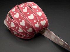 Cotton ribbon with hearts - red, cream - width 1.5 cm