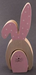 Dřevený velikonoční zajíček skládací - rozměr 20 cm x 7,5 cm x 2,5 cm - světle růžová, světlé dřevo, černá