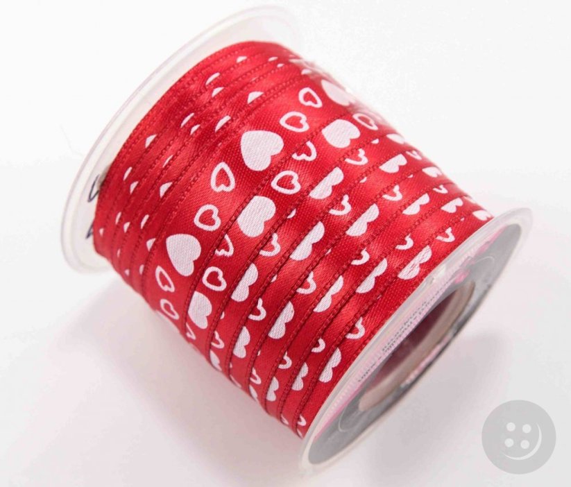 Satin ribbon with hearts - red, white - width 1cm