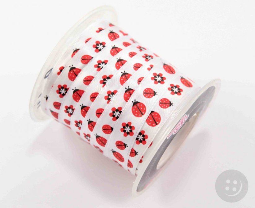 Satin ribbon with ladybugs and flowers - white, red - width 1cm