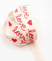 Baumwollband LOVE - creme, rose - Breite 1,5 cm