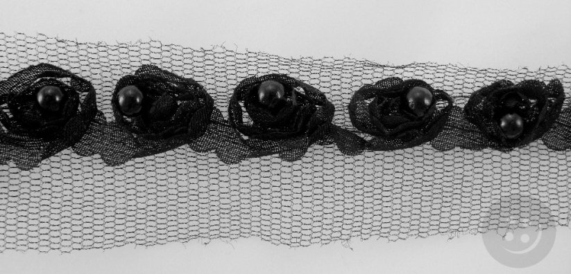 Gimp braid tulle trim with beads - black - width 4 cm