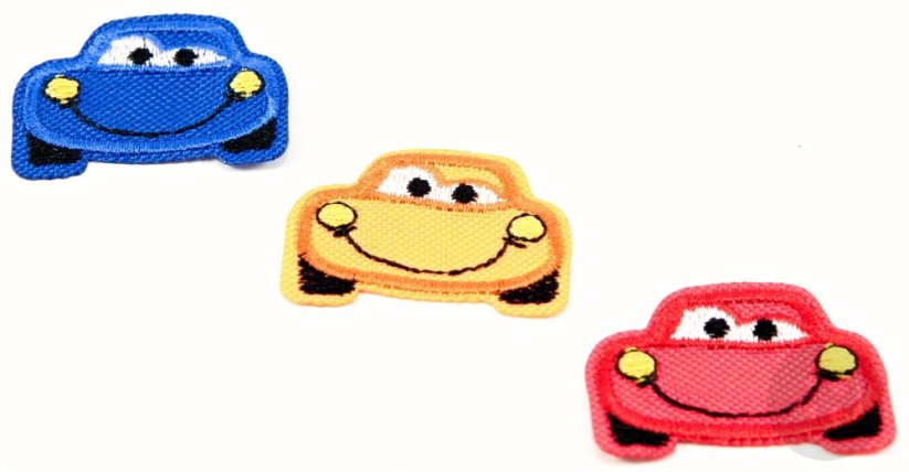 Iron-on patch - Happy car - blue, orange, red - dimensions 4 cm x 3 cm