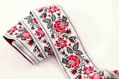 Costume ribbon - light gray with red roses - width 4,8 cm