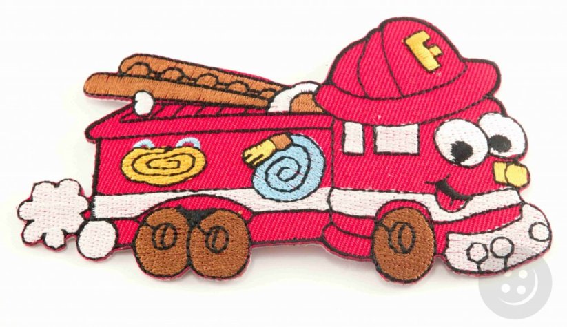 Iron-on patch - Fireman truck with hat - dimensions 10,5 cm x 6 cm