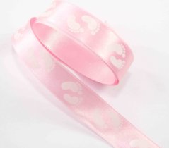 Satin ribbon with little feet - pink, white - width 2,5 cm