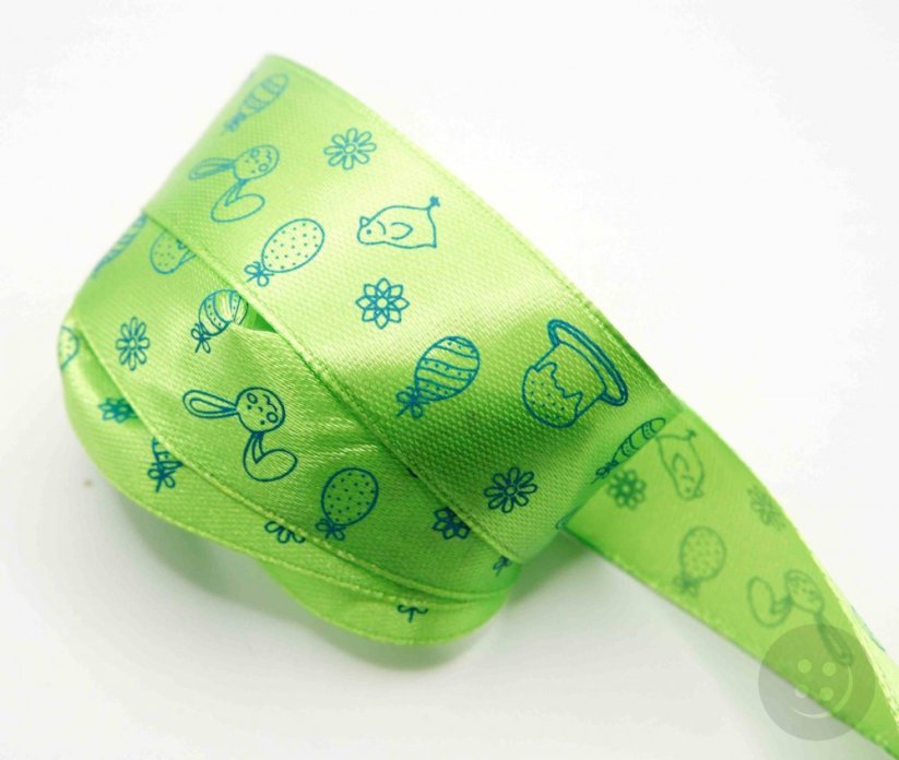 Satin ribbon with Easter motifs - green, blue - width 1,2 cm