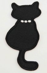Aufnäher zum Aufbügeln - schwarze Katze mit silbernen Verzierungen, sitzend - Größe 4 cm x 9 cm