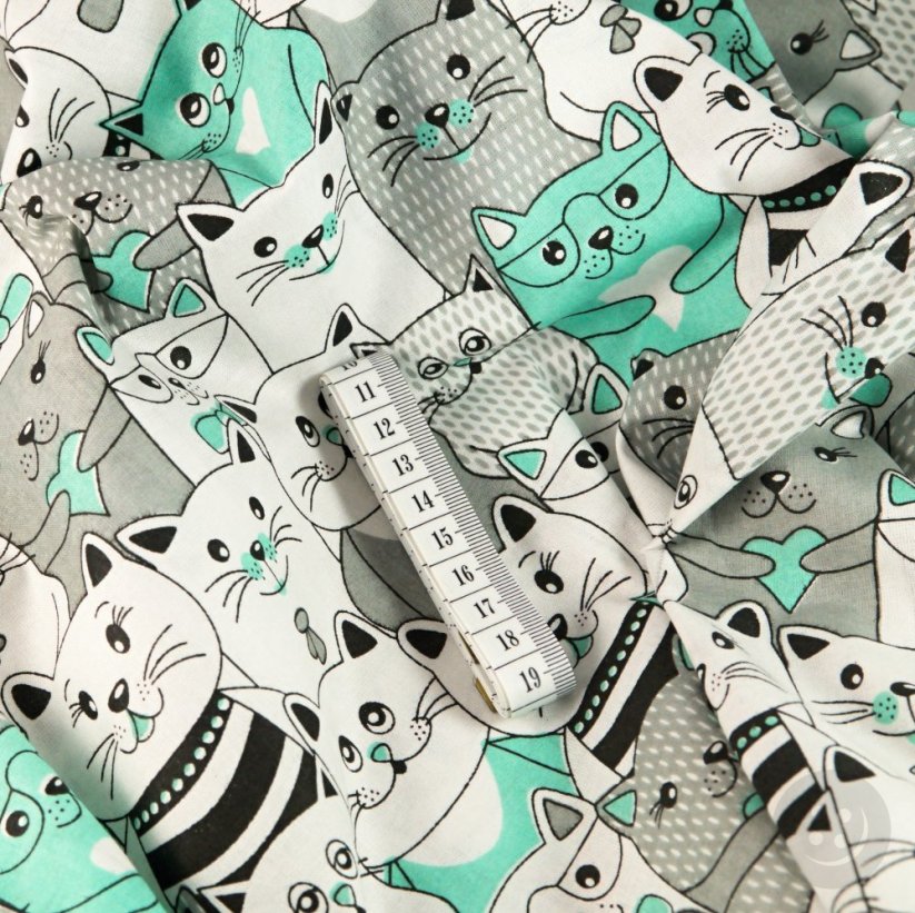 Cotton canvas with motifs of colored cats - gray, green, white, black - width 160 cm