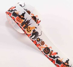 Rapsband mit Halloween-Motiven - weiß, orange, schwarz - Breite 2,5 cm