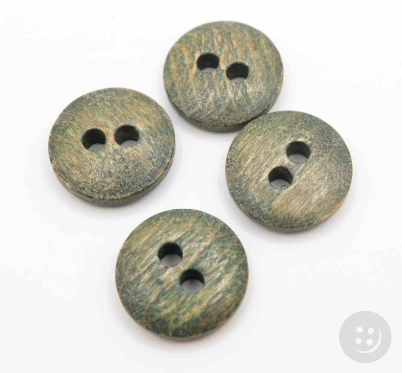 Green wooden button with holes diameter 1.64 cm