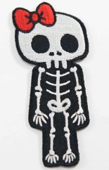 Iron-on patch - skeleton with red bow - dimensions 10 cm x 4 cm - silver