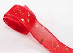 Šifónová dutinková stuha so srdiečkami - červená, zlatá - šírka 4 cm