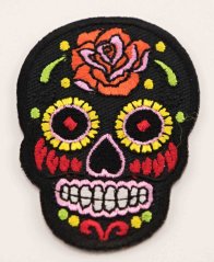 Nažehlovací záplata - Mexická lebka - Día de Muertos - černá - rozměr 5,5 cm x 5 cm