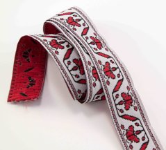 Festive ribbon - white with red flowers - width 2.5 cm