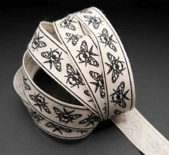 Cotton ribbon with bees - cream, black - width 1.5 cm