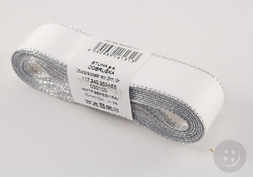 Taffeta ribbons with silver edge - white, silver - width 0.6 cm - 4 cm