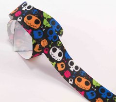 Rapeseed ribbon with Halloween motifs - black, orange, blue - width 2.5 cm