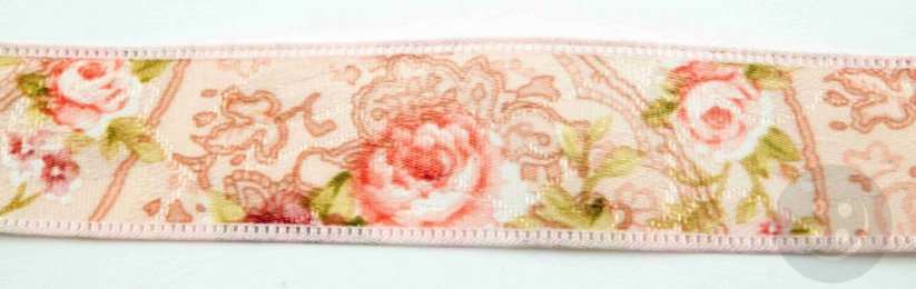 Decorative ribbon with flowers - pink, green - width 2.5 cm