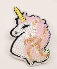 Iron-on patch with sequins - Unicorn head - pink mane with golden strands 7 x 4.5 cm