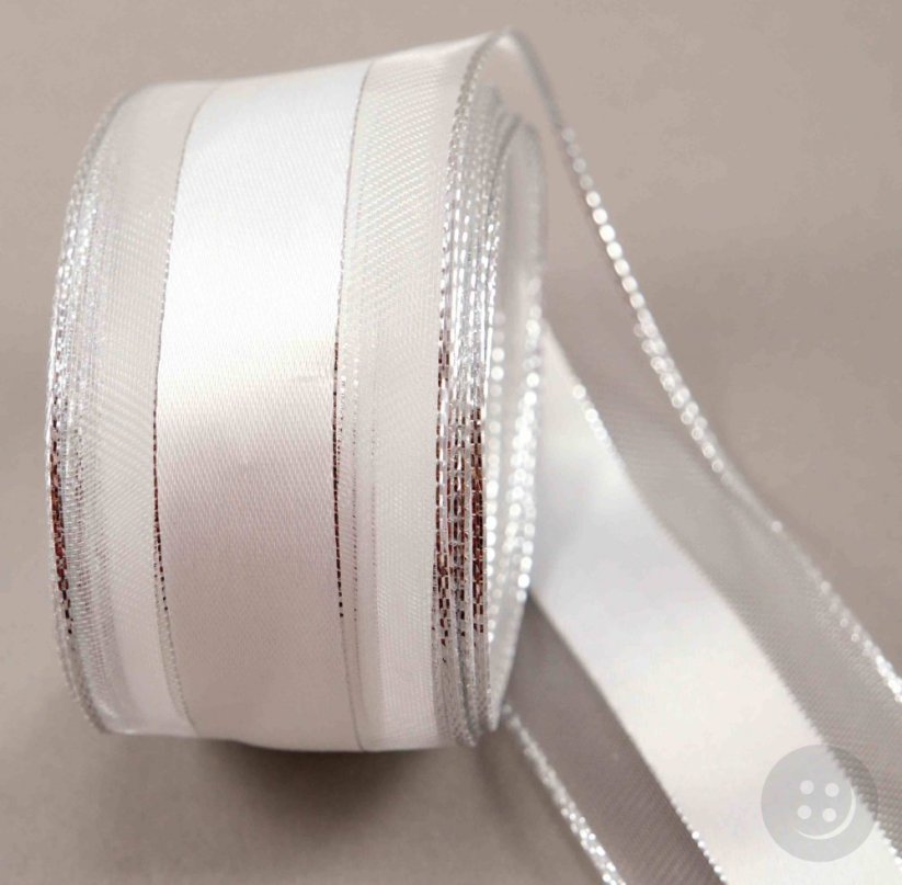 Wired ribbon - white, silver - width 4 cm