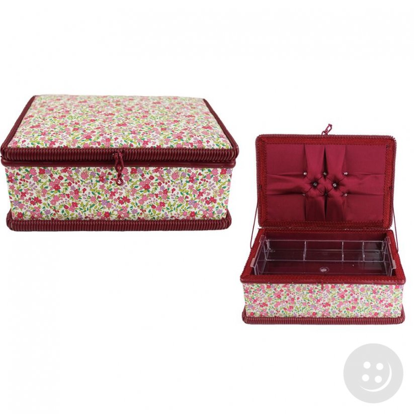 Textile box for sewing supplies - burgundy, cream, green - dimensions 29 cm x 20,5 cm x 11 cm