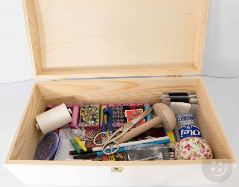 Extra big set of sewing supplies in a white wooden box
