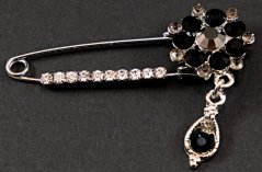 Clothing brooch with black crystal - black, silver - size 5.5 cm x 4 cm