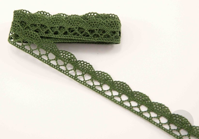 Bavlněná paličkovaná krajka - khaki zelená - šířka 1,5 cm