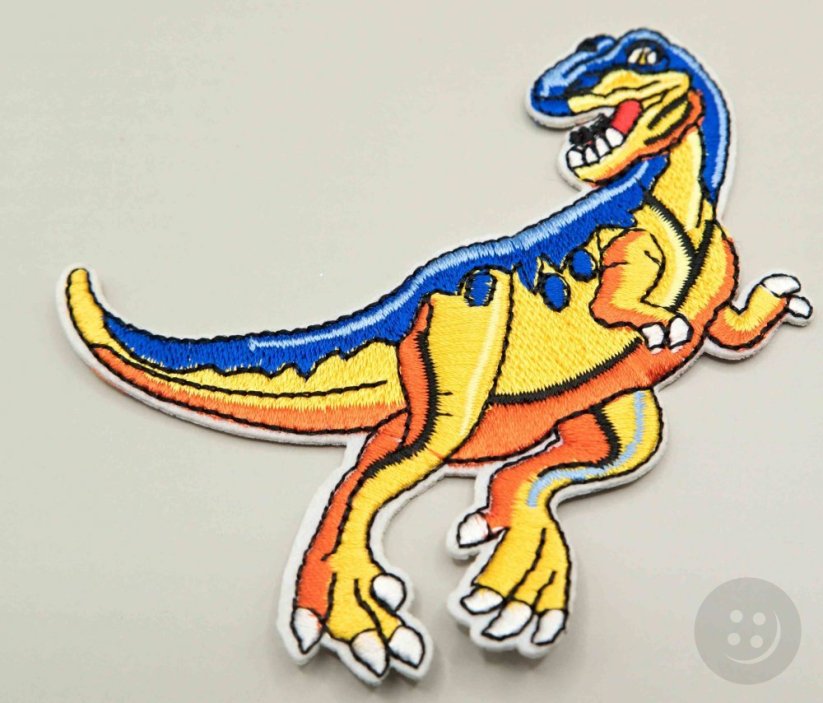 Nažehlovací záplata - Velociraptor - žlutá, modrá - rozměr 10 cm x 7 cm