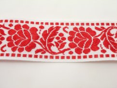Embroidered decorative cotton ribbon with flowers - white, red - width 4,2 cm