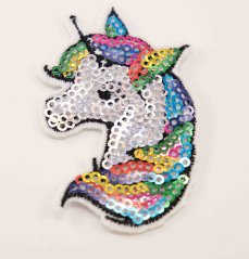 Sequined Iron-on Patch - Silver Unicorn Head with Rainbow Mane 7 x 5 cm