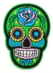 Nažehlovací záplata - Mexická lebka - Día de Muertos - zelená