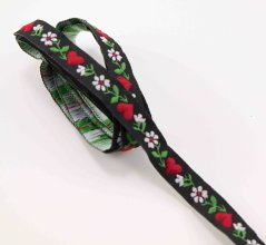 Festive ribbon - black with flowers and hearts - width 1.2 cm
