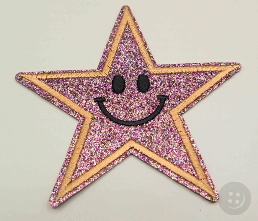 Iron-on patch - glitter star - medium pink - size 8.5 cm x 8.5 cm