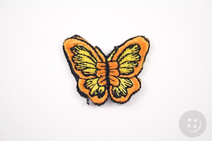 Našívací záplata - Motýl - oranžová, žlutá - rozměr 3,3 cm x 2,1 cm