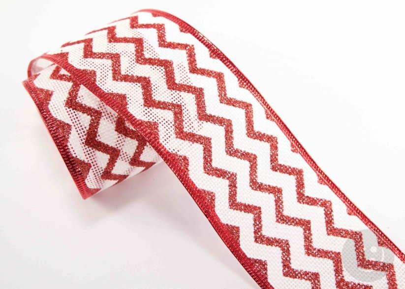 Ribbon with shaping wire - white, red - width 6 cm