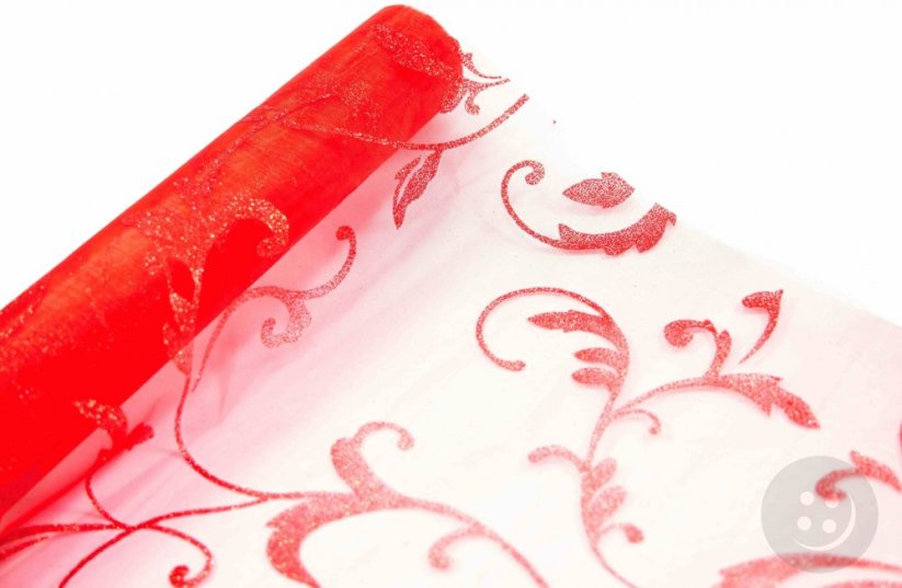 Organza - red with glitter pattern - non-stitched around - width 36 cm