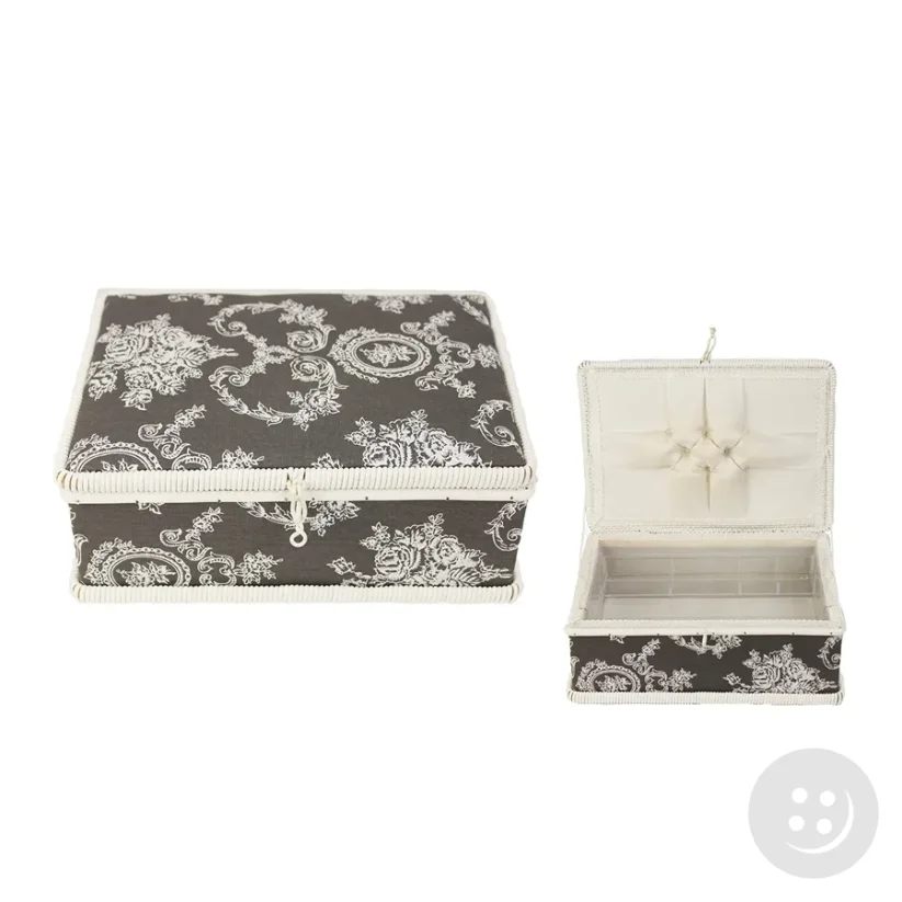 Textilná kazeta na šijacie potreby - biele kašmírové vzory na sivom podklade - rozmery 29,5 cm x 20,5 cm x 11 cm