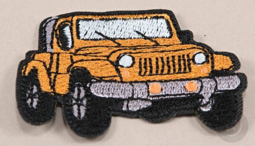Iron-on patch - off-road car - dimensions 6 cm x 4 cm - red, khaki, orange, blue, black
