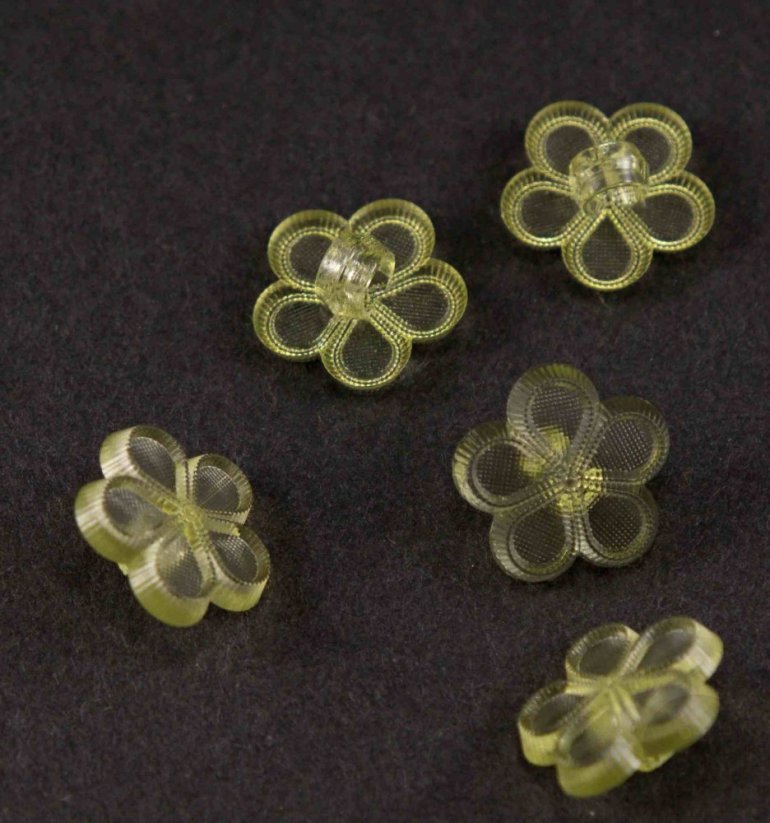 Dětský knoflík - světle zelená kytička - transparentní - průměr 1,3 cm