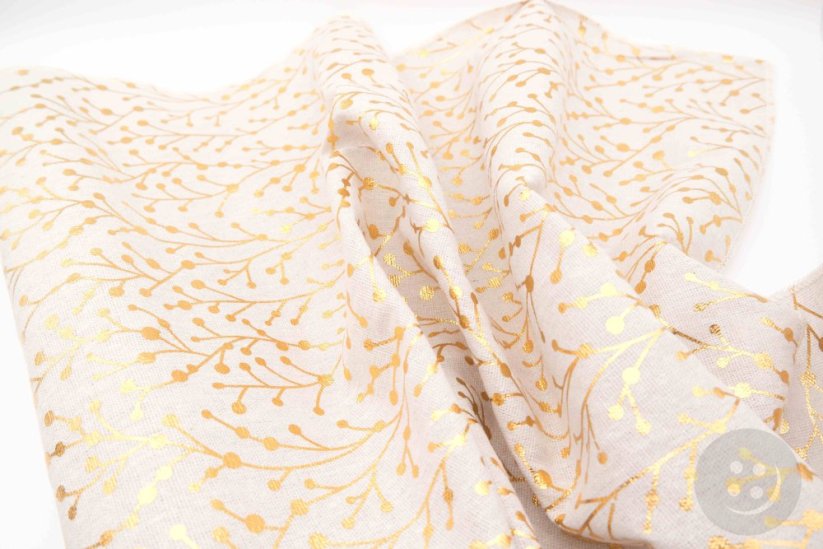 Jutová tkanina - šírka 48 cm - lomená biela so zlatými vetvičkami - balenie 4,5 m