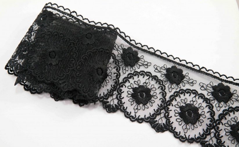 Polyesterová vyšívaná čipka - čierna - šírka 8 cm