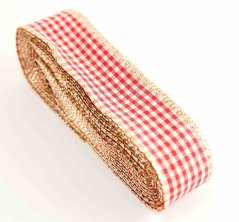 Dekorační kostkovaná stuha - červená, smetanová, zlatá - šíře 2,5 cm