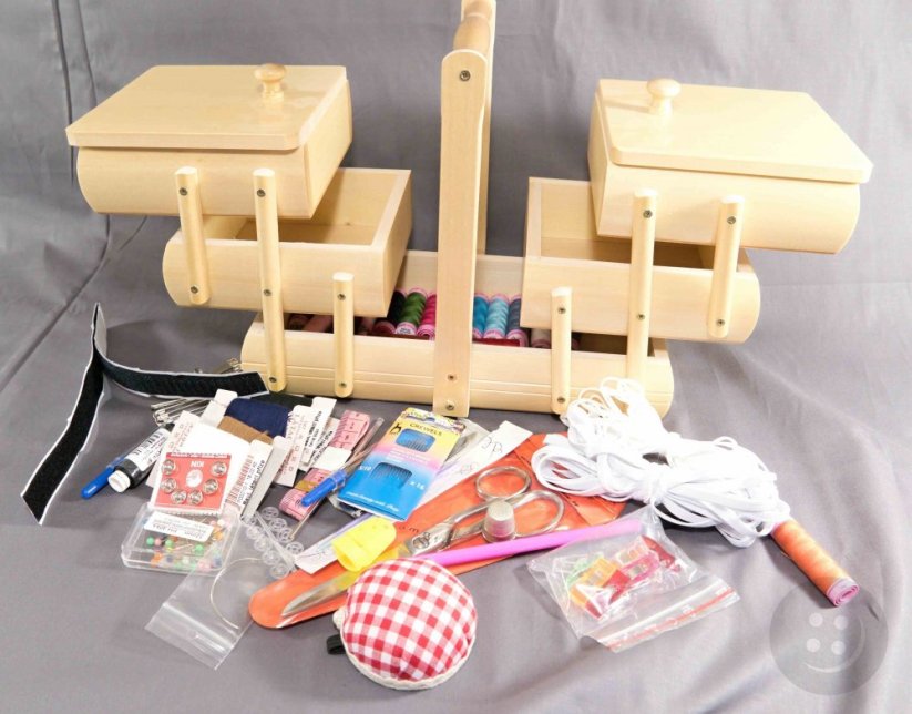 Extra big set of sewing supplies in a natural wooden box