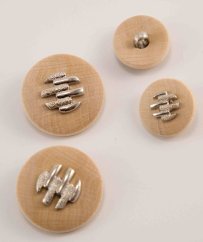Wooden button with bottom sewing - with decoration - natural, silver - diameter 1,7 cm