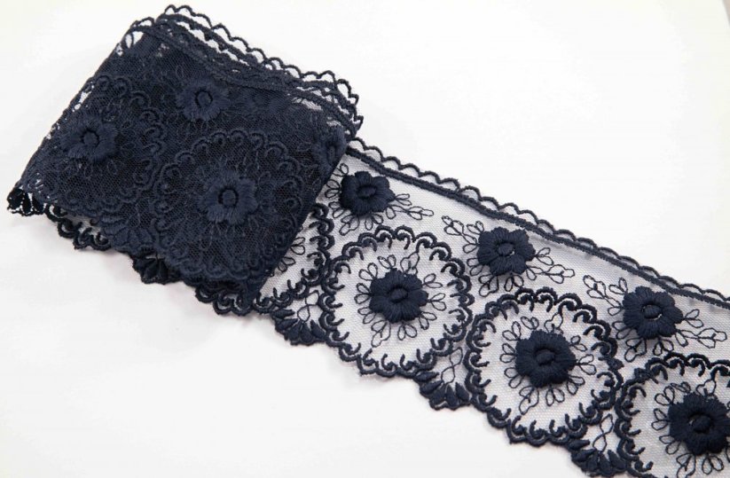 Polyester embroidered lace - dark blue - width 8 cm