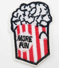 Iron-on patch - popcorn more fun - dimensions 7 cm x 4,5 cm