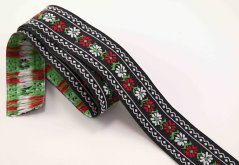 Krojová stuha - čierna s kvietkami a srdiečkami s krajkovým okrajom - šírka 2,5 cm